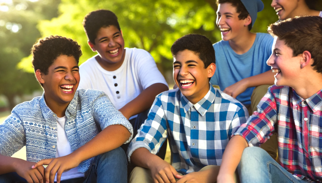 A group of teenage boys laughing together, sitting outdoors in a park, capturing a moment of fun and camaraderie