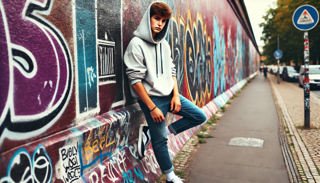 A stylish teenage boy leaning against a graffiti-covered wall in an urban setting, exuding confidence. The boy is wearing trendy streetwear, including a hoodie, jeans, and sneakers, with a cool attitude and a casual pose. The graffiti wall behind him is vibrant with colorful tags and street art, creating a dynamic and urban atmosphere.