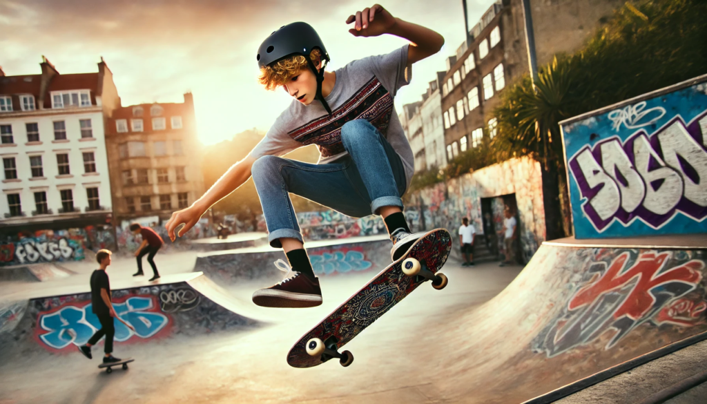 A teenage boy performing a dynamic skateboard trick mid-air at a skatepark. He is wearing a helmet, jeans, and a graphic t-shirt, with the skateboard