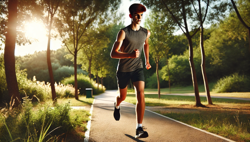 A teenage boy mid-run in an outdoor park, wearing athletic wear including a sleeveless shirt, shorts, and running shoes. He is focused and determined