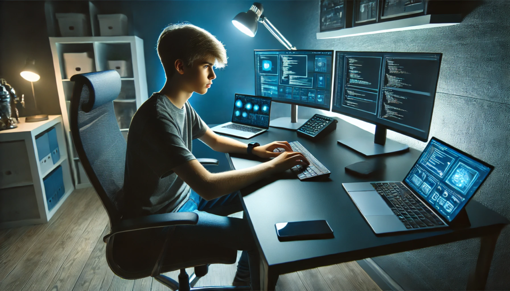 A teenage boy sitting at a sleek modern desk, surrounded by high-tech gadgets like a laptop, multiple monitors, and a smartphone