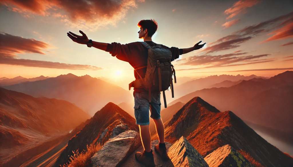 DALL·E 2024-10-04 14.29.00 - A teenage boy standing on a mountain peak during sunset, with arms spread wide in a pose of freedom and adventure. He is wearing hiking gear and a backpack